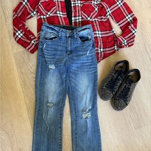 Risen Distressed Straight Leg Jeans Medium Wash, Raw Hem Size 1/25 - jeans only